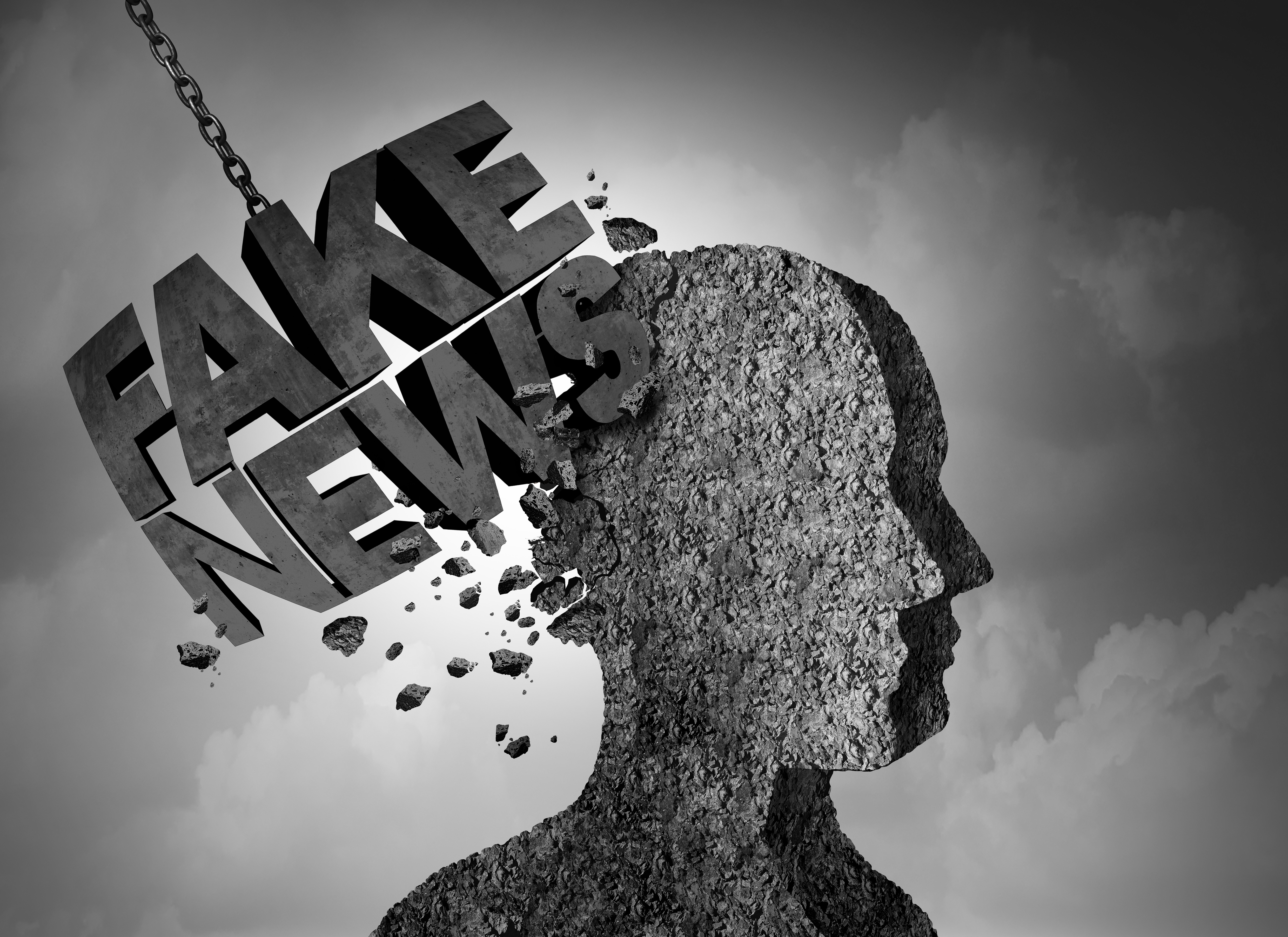 Fake News Breaking Story Fake news breaking story concept and hoax journalistic reporting as a wrecking ball shaped as text as false media reporting metaphor and damaging deceptive disinformation with 3D illustration elements.